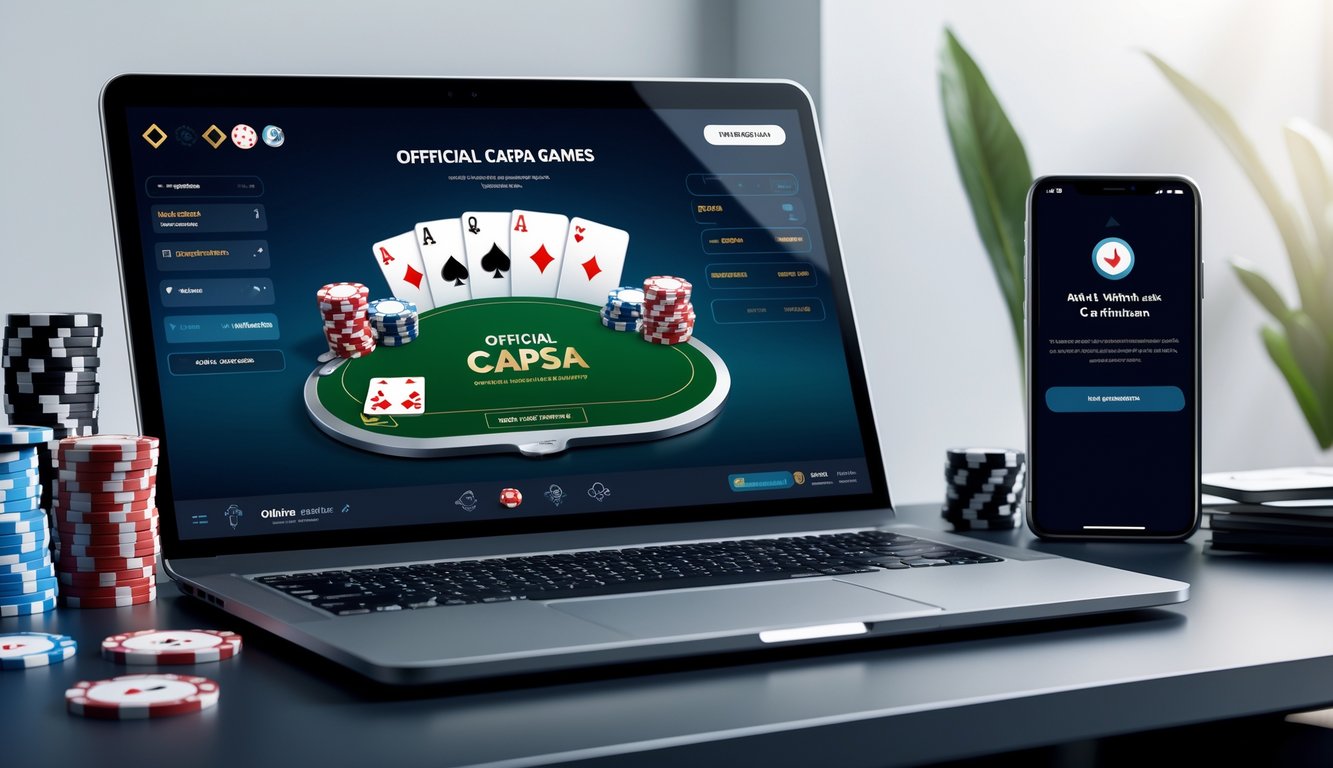 Seorang pengguna duduk di depan laptop dan ponsel yang menampilkan permainan kartu Capsa online dengan suasana kerja yang modern dan bersih.