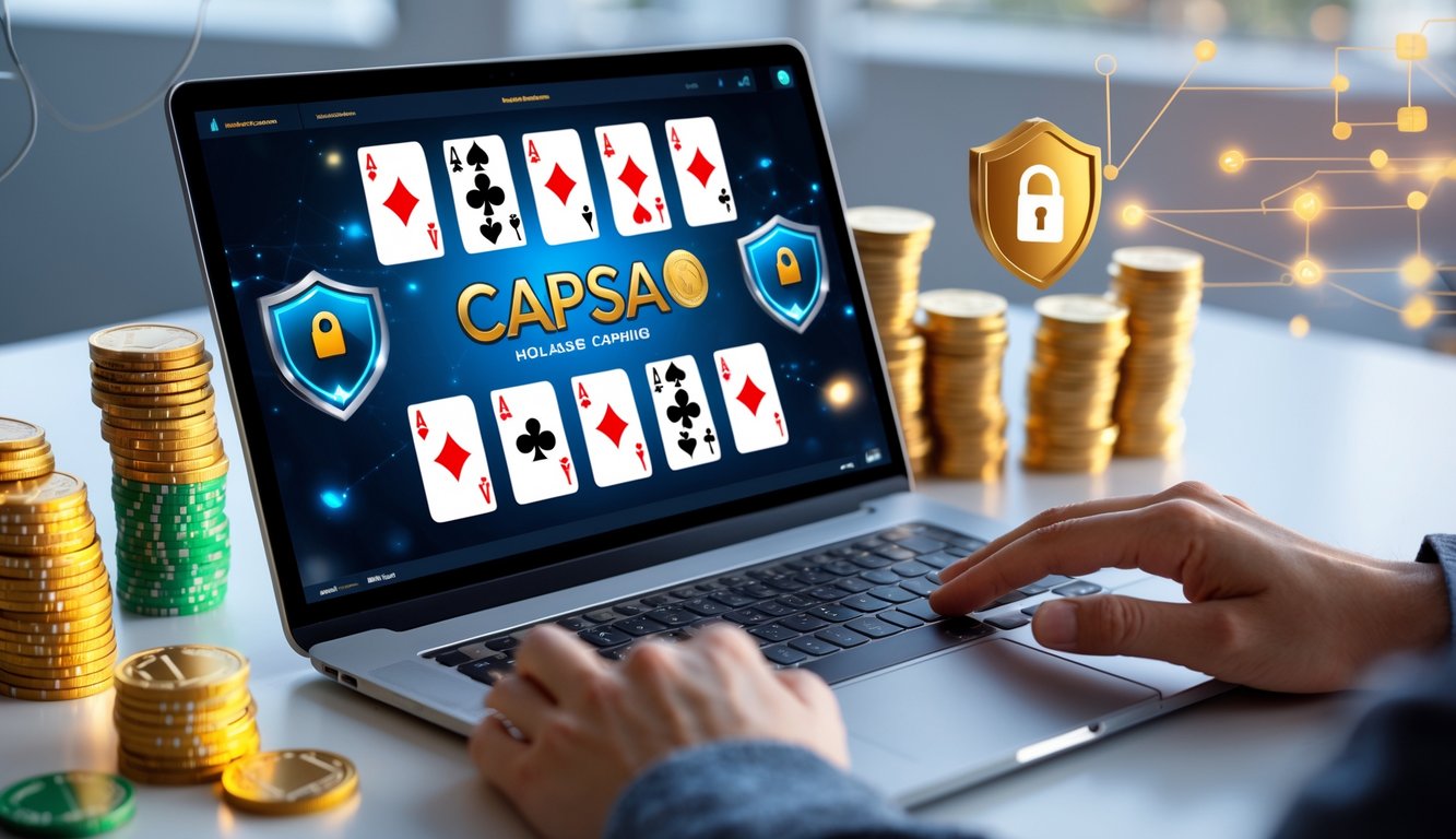 Seseorang sedang bermain game Capsa online di komputer dengan simbol keamanan dan chip taruhan di sekitar meja.