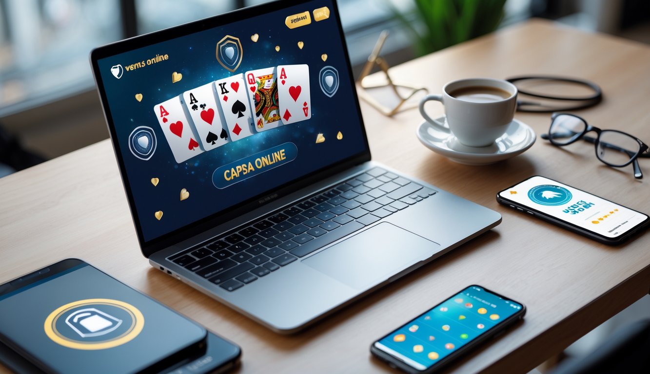 Meja kerja dengan laptop yang menampilkan permainan kartu Capsa Online, smartphone, dan cangkir kopi.