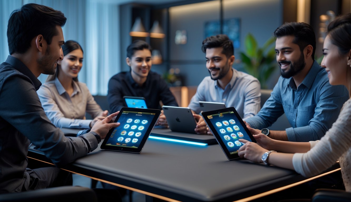 Beberapa orang bermain permainan kartu Capsa secara online menggunakan tablet dan ponsel di sebuah ruangan modern.