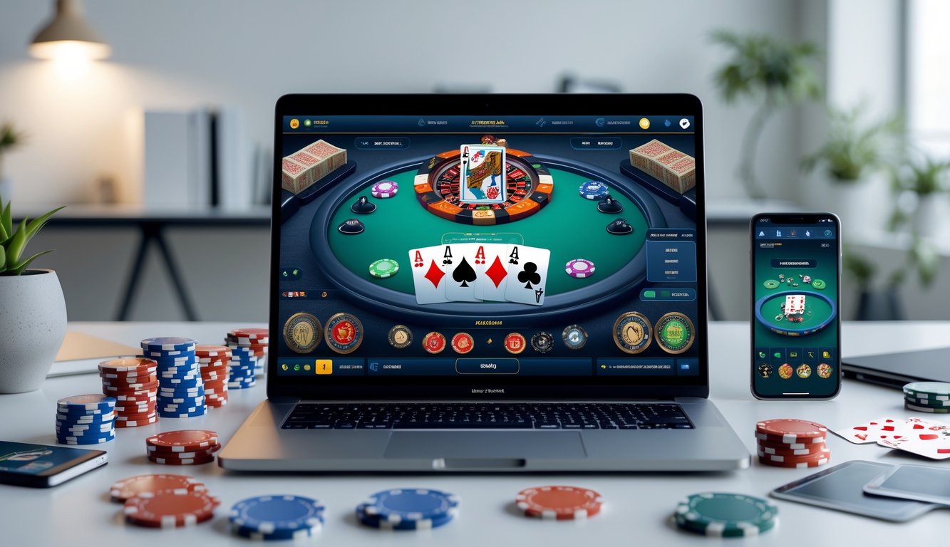 Meja kerja modern dengan laptop menampilkan permainan kartu Capsa online, dikelilingi chip judi dan ponsel di lingkungan kantor yang rapi.