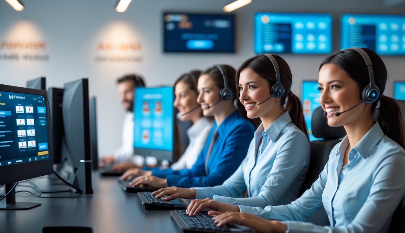 Tim layanan pelanggan sedang bekerja di pusat layanan dengan komputer dan headset, memberikan dukungan untuk permainan kartu online.