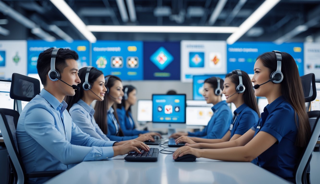 Beberapa petugas layanan pelanggan yang ramah sedang bekerja dengan headset di pusat layanan modern, dengan layar komputer menampilkan permainan kartu digital Capsa.