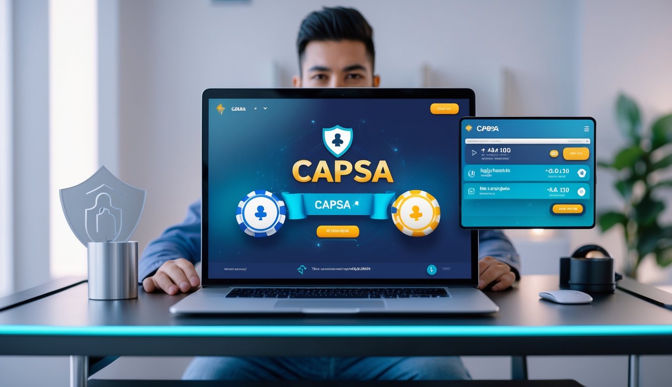 Seorang dewasa muda duduk di depan laptop yang menampilkan permainan Capsa online dengan simbol keamanan dan notifikasi bonus di layar.