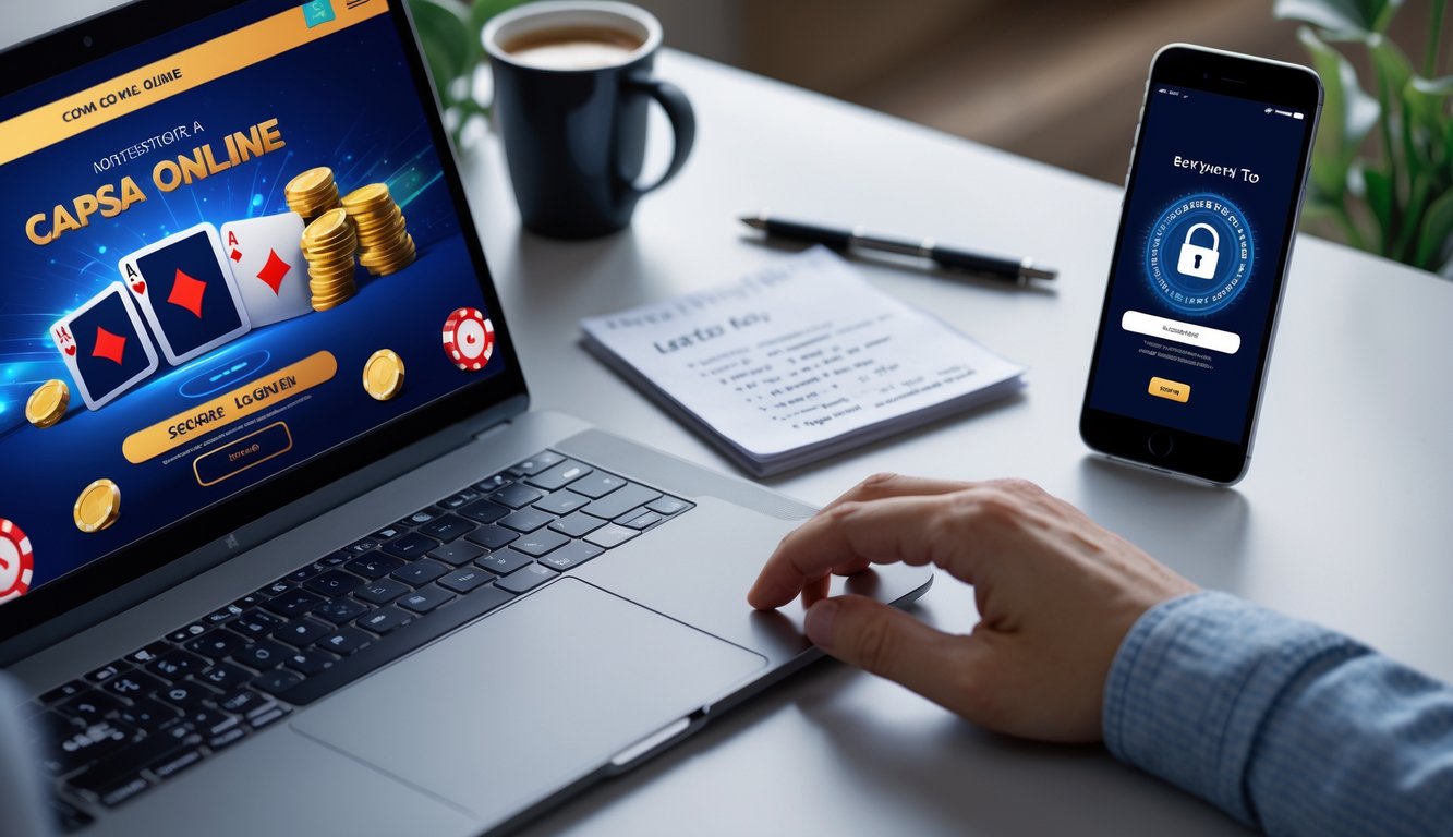 Meja kerja modern dengan laptop yang menampilkan permainan kartu Capsa online dan ponsel dengan layar login aman, dikelilingi alat tulis dan secangkir kopi.