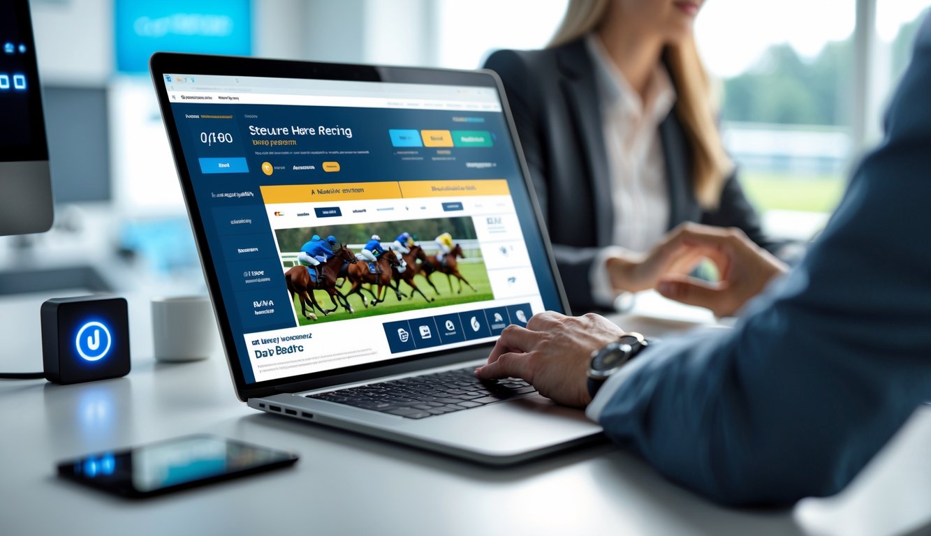 Seseorang menggunakan laptop di meja kerja dengan tampilan layar yang menunjukkan situs balap kuda online dan simbol keamanan.