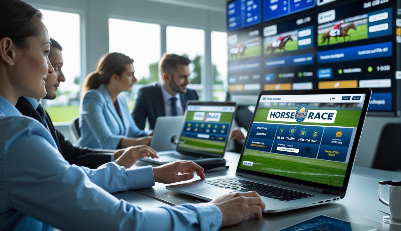 Orang-orang menggunakan perangkat digital untuk memasang taruhan balap kuda online di lingkungan yang modern dan aman.