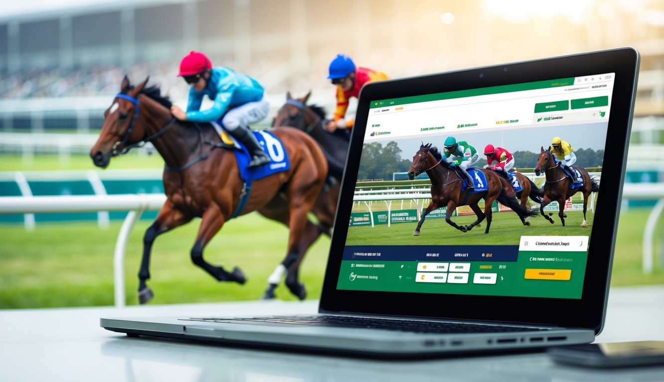 Seseorang menggunakan laptop atau ponsel untuk memasang taruhan balap kuda dengan latar belakang kuda balap yang sedang berlari di lintasan.