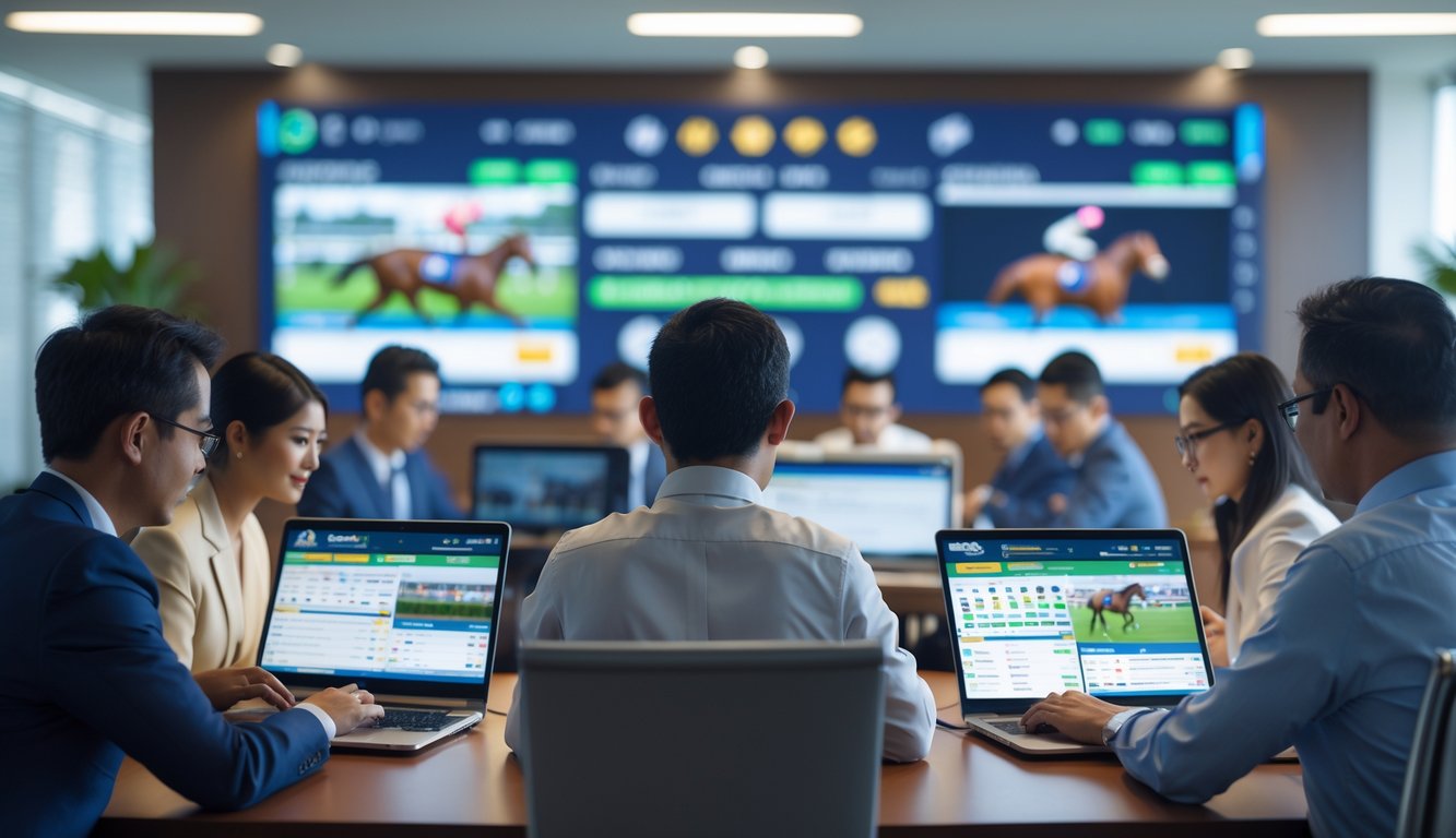 Beberapa orang menggunakan laptop dan ponsel di kantor modern dengan layar menampilkan balap kuda dan aktivitas taruhan online.