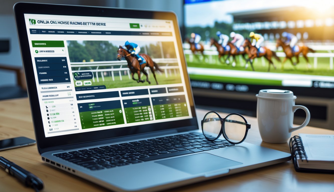 Seorang pengguna duduk di depan laptop dengan situs balap kuda online terbuka, dikelilingi oleh kacamata, kopi, dan buku catatan, dengan layar besar menampilkan balapan kuda di latar belakang.