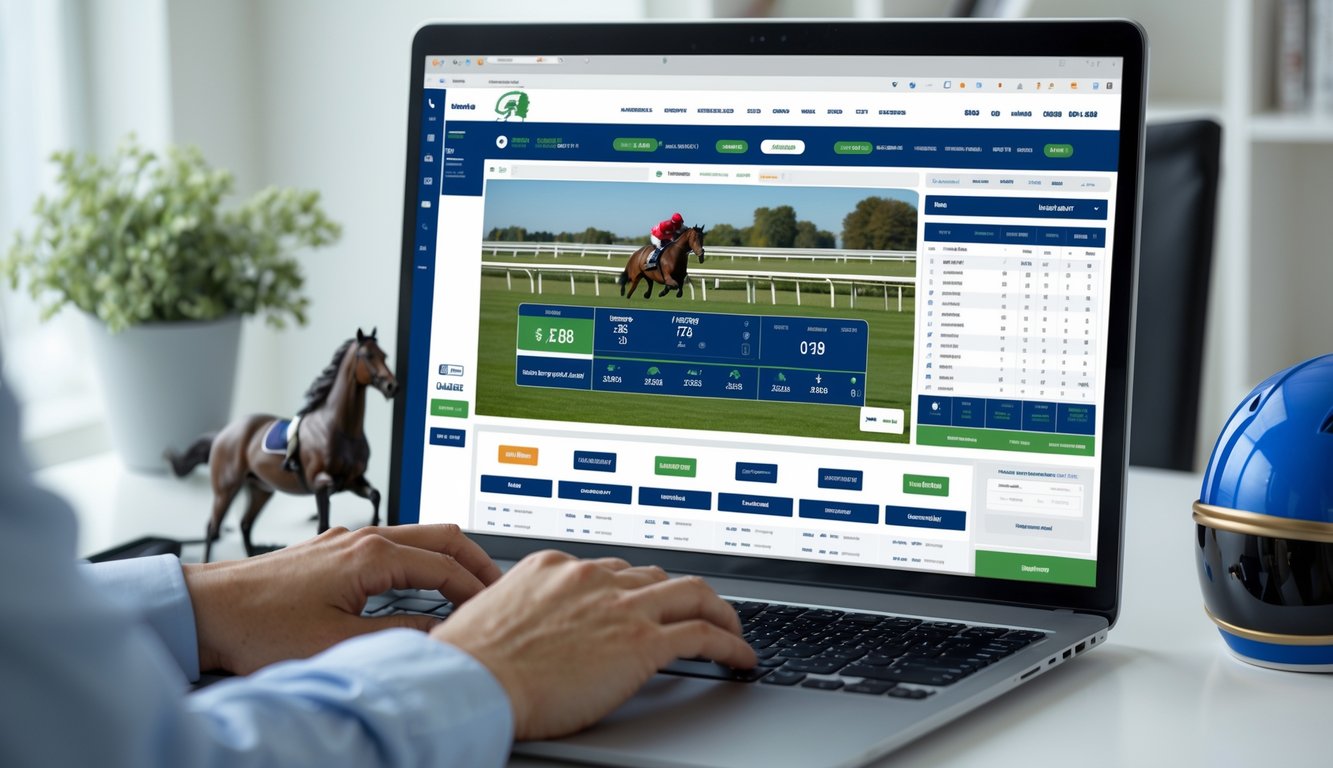 Seseorang menggunakan komputer di meja kerja dengan layar menampilkan situs judi balap kuda online, di sekitar terdapat miniatur kuda dan helm joki.