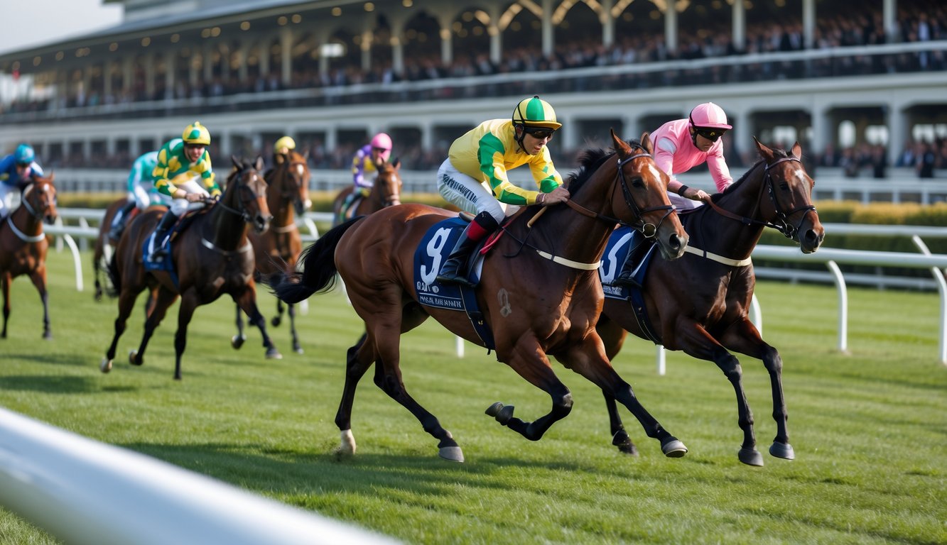 Adegan balap kuda dengan beberapa kuda dan joki sedang berlari di lintasan balap dengan penonton di latar belakang.