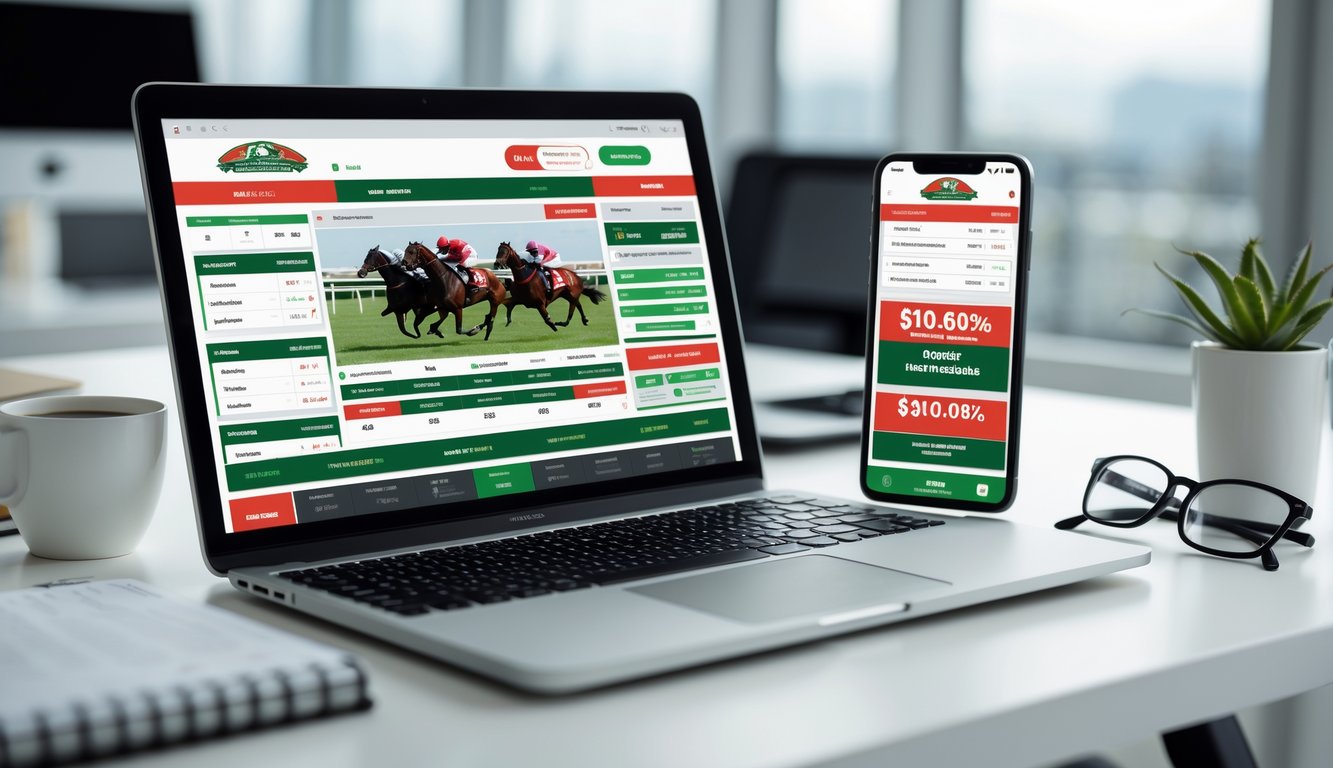 Meja kerja dengan laptop dan ponsel yang menampilkan situs judi balap kuda online resmi, dengan suasana kantor yang rapi dan terang.