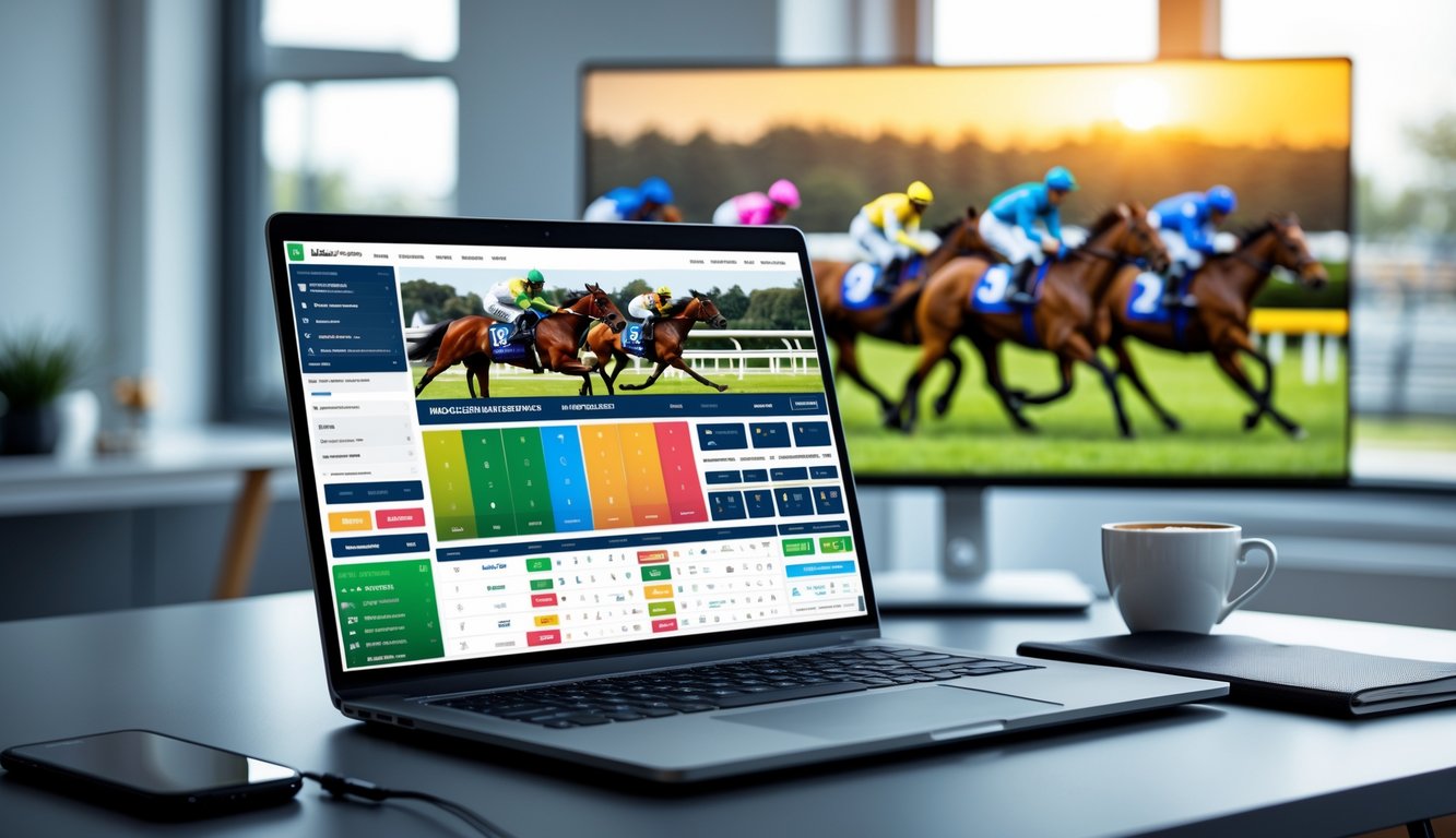 Seorang pengguna komputer di meja kerja dengan layar menampilkan situs taruhan balap kuda online, latar belakang menampilkan balapan kuda yang sedang berlangsung.