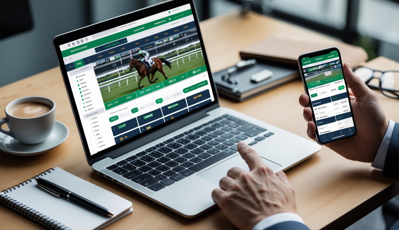 Seorang pengguna sedang melihat situs judi balap kuda online di laptop dan ponsel di meja kerja dengan kopi dan alat tulis.