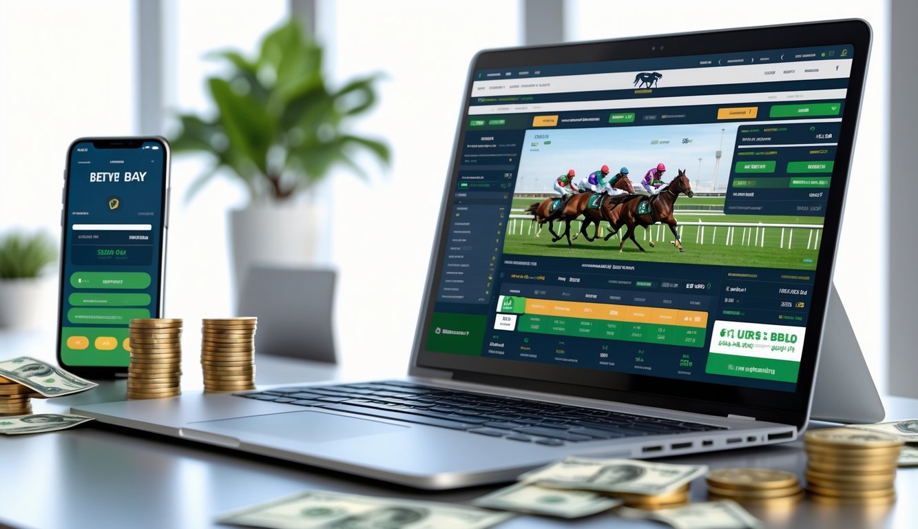 Seorang pria menggunakan laptop di meja kerja dengan gambar balap kuda di layar dan ponsel di sampingnya, menunjukkan aktivitas taruhan balap kuda online.