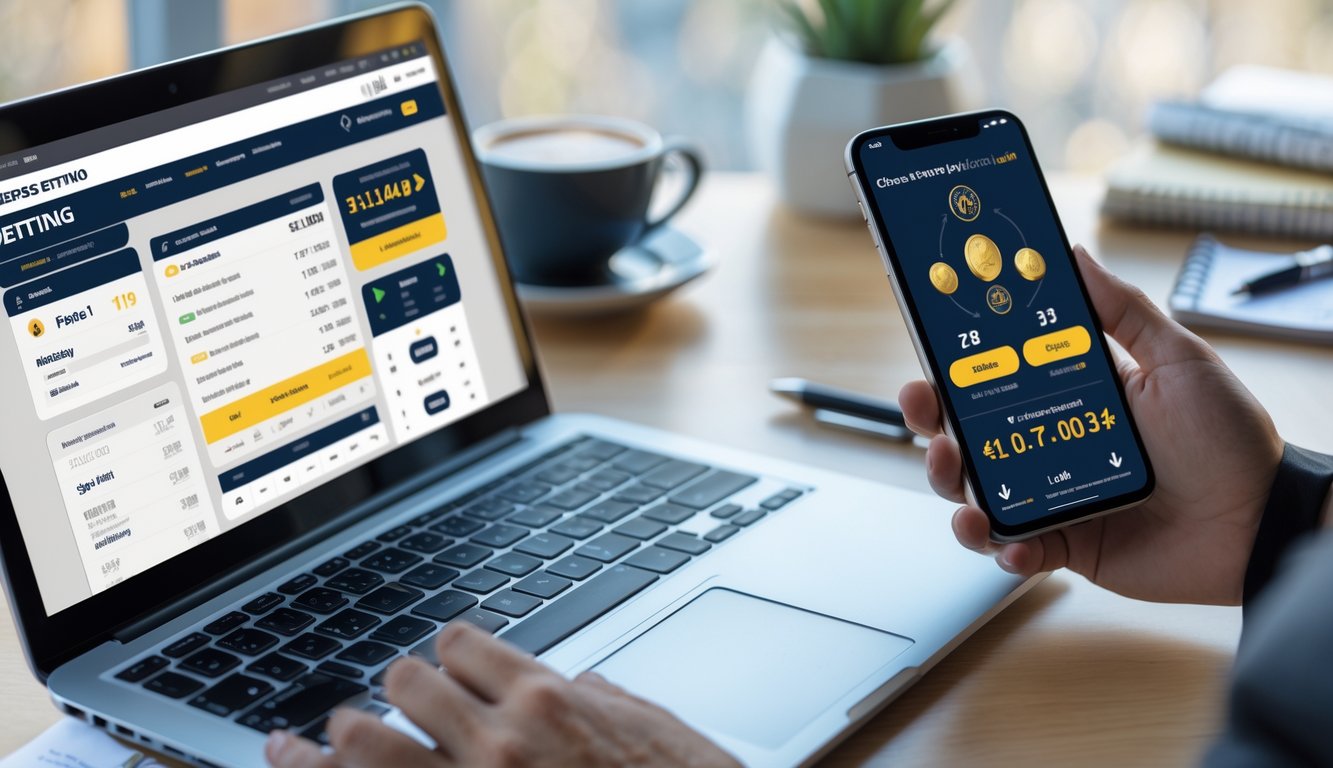 Seseorang menggunakan laptop dan ponsel untuk memasang taruhan balap kuda online di meja kerja dengan suasana profesional.