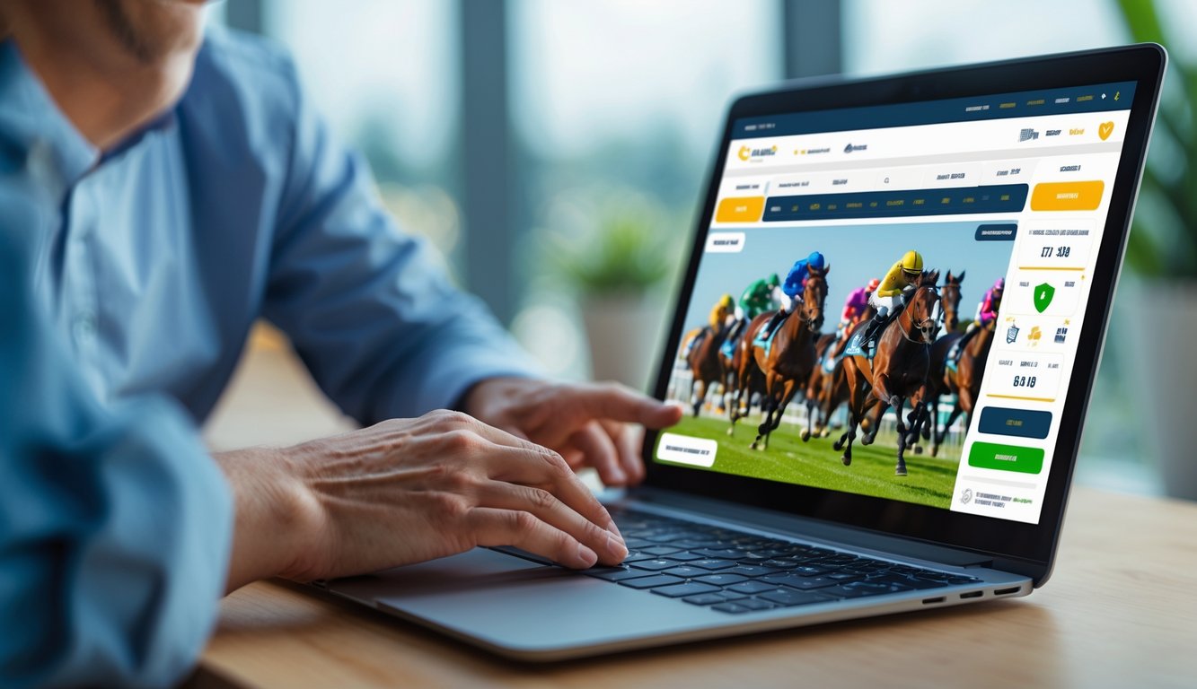 Seseorang menggunakan perangkat digital untuk memasang taruhan balap kuda secara online dengan tampilan antarmuka yang profesional dan aman.