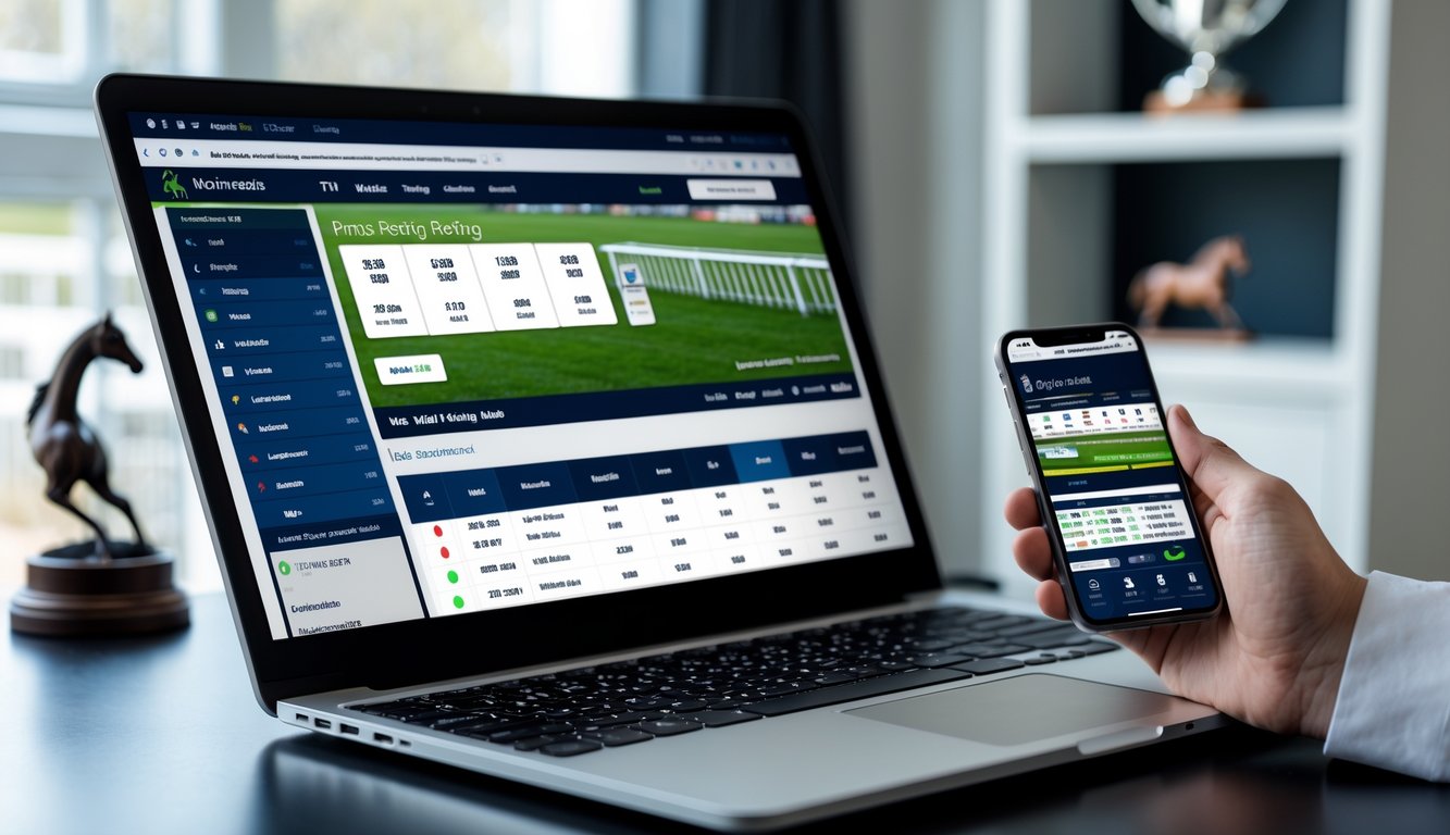 Meja kerja modern dengan laptop dan ponsel yang menampilkan aplikasi taruhan balap kuda online, dengan latar belakang ruangan terang dan dekorasi bertema balap kuda.