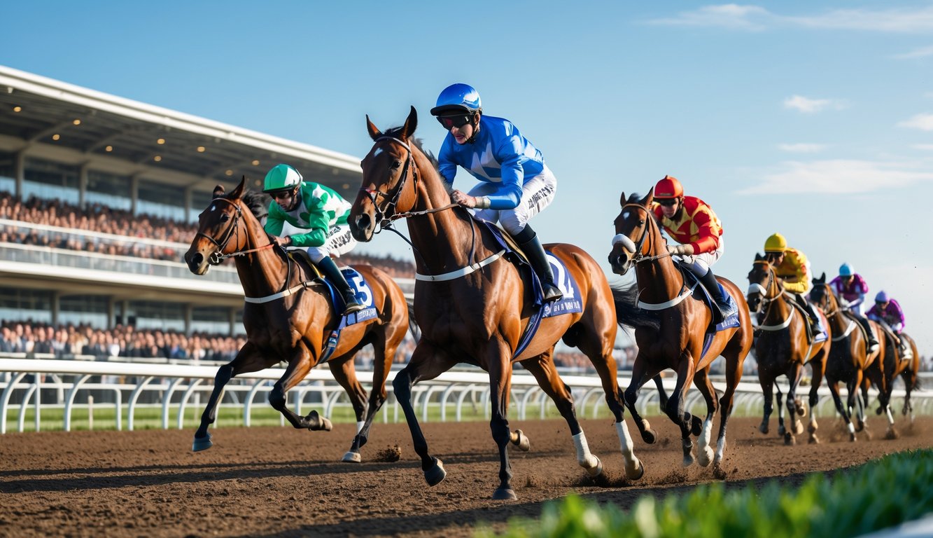 Beberapa kuda pacuan sedang berlari cepat di lintasan balap dengan joki mengenakan pakaian berwarna-warni dan penonton di tribun.