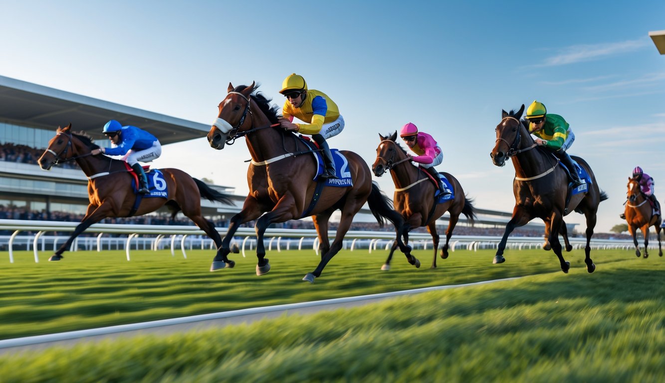 Beberapa kuda pacu dengan joki sedang berlari kencang di lintasan balap kuda dengan penonton di latar belakang.