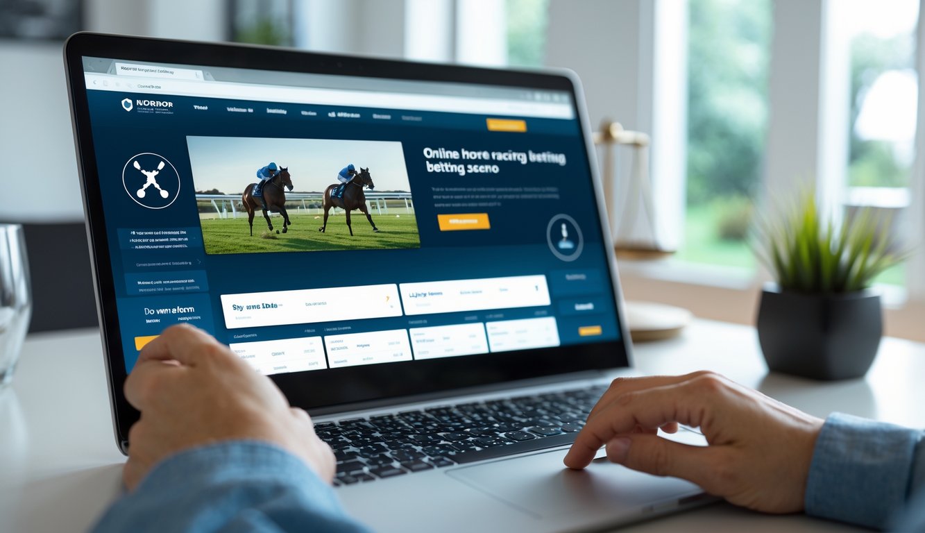 Seseorang menggunakan komputer untuk memasang taruhan balap kuda secara online di ruangan terang.