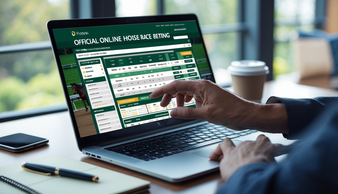 Seseorang menggunakan laptop di meja kerja dengan tampilan situs judi balap kuda online resmi di layar.