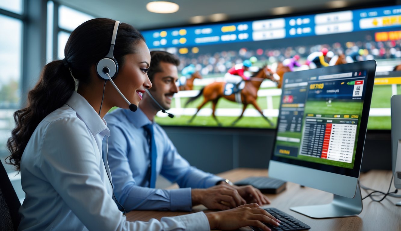 Seorang perwakilan layanan pelanggan dengan headset membantu klien di kantor modern dengan layar komputer yang menampilkan data balap kuda.
