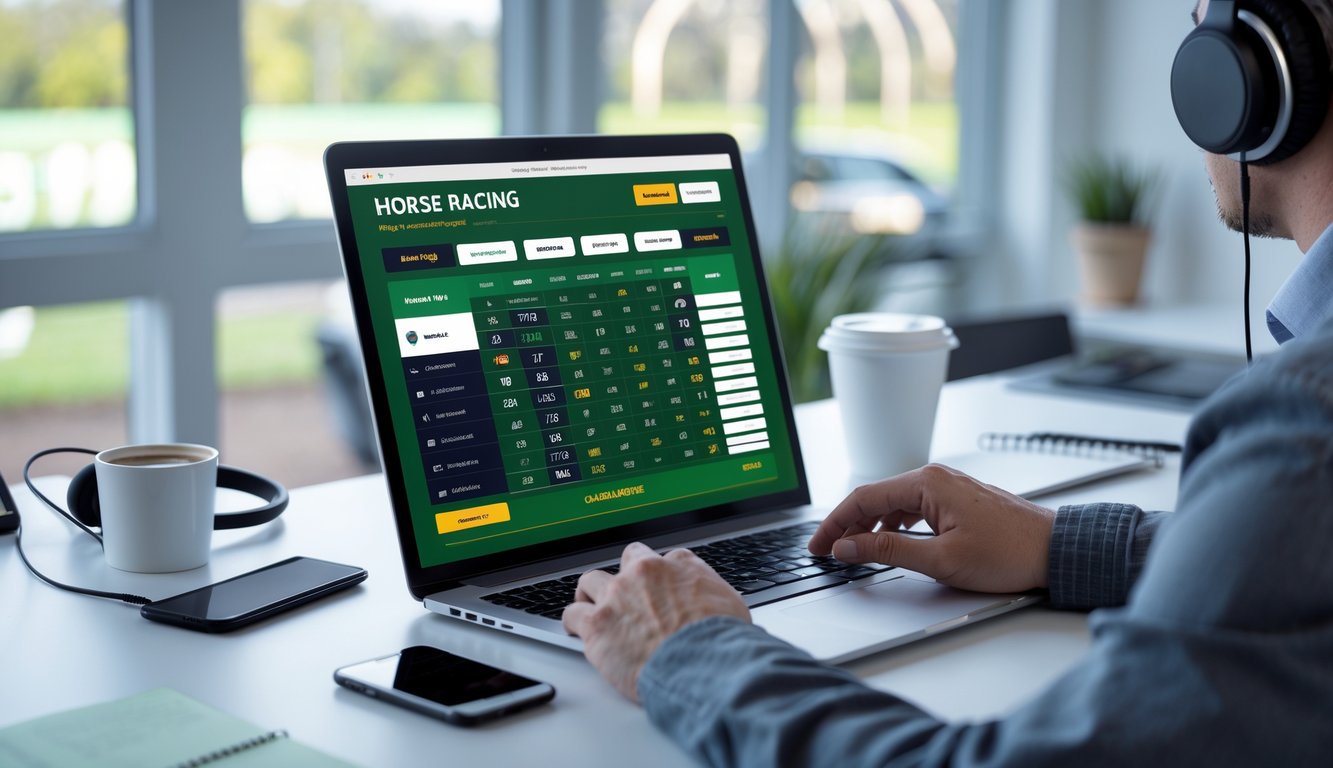 Seseorang menggunakan laptop di meja kerja dengan tampilan taruhan balap kuda online dan perlengkapan kerja di sekitarnya.
