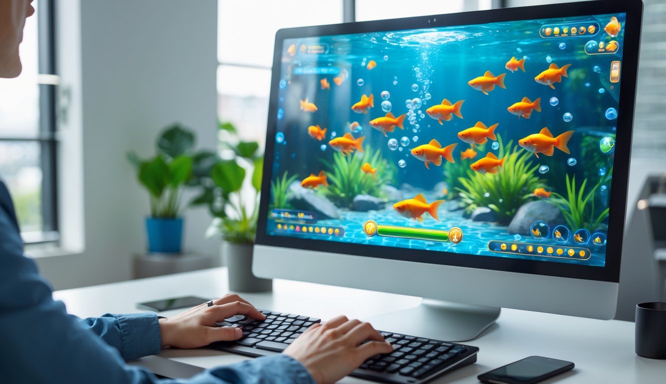 Seseorang sedang bermain game tembak ikan dengan tema ikan mas di komputer di ruang kerja yang rapi.