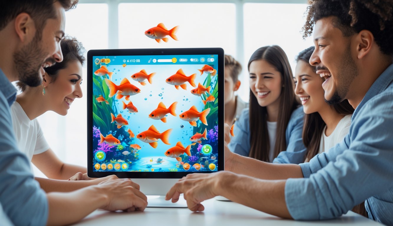 Beberapa orang muda sedang bermain permainan tembak ikan bertema ikan mas di layar komputer dalam ruangan yang terang dan modern.