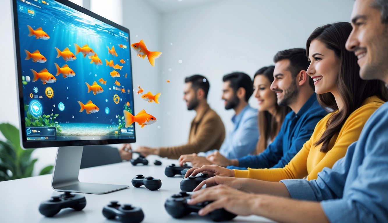Orang-orang sedang bermain permainan tembak ikan goldfish secara online di depan komputer dalam ruangan yang terang dan rapi.