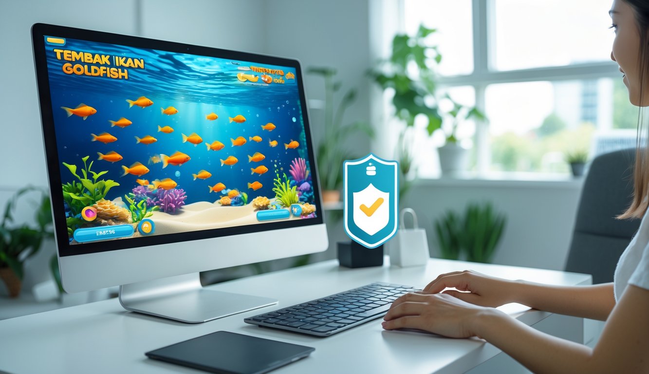 Seseorang menggunakan komputer di ruang kerja modern dengan tampilan permainan ikan mas emas yang berwarna-warni di layar.