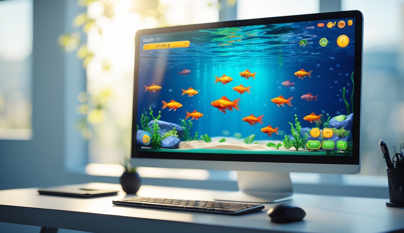 Tampilan layar komputer dengan permainan tembak ikan goldfish online di meja kerja modern.