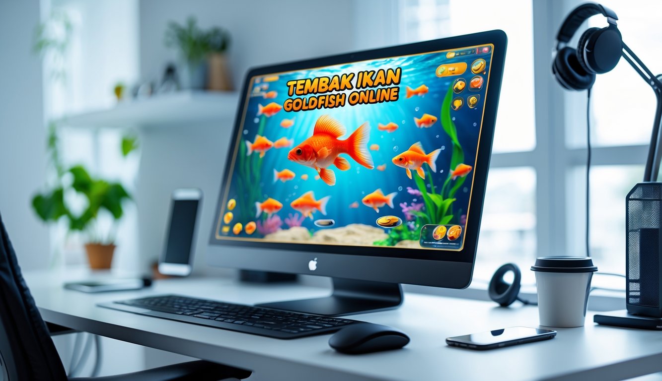 Seseorang sedang bermain game tembak ikan goldfish online di komputer di ruang kerja yang rapi.