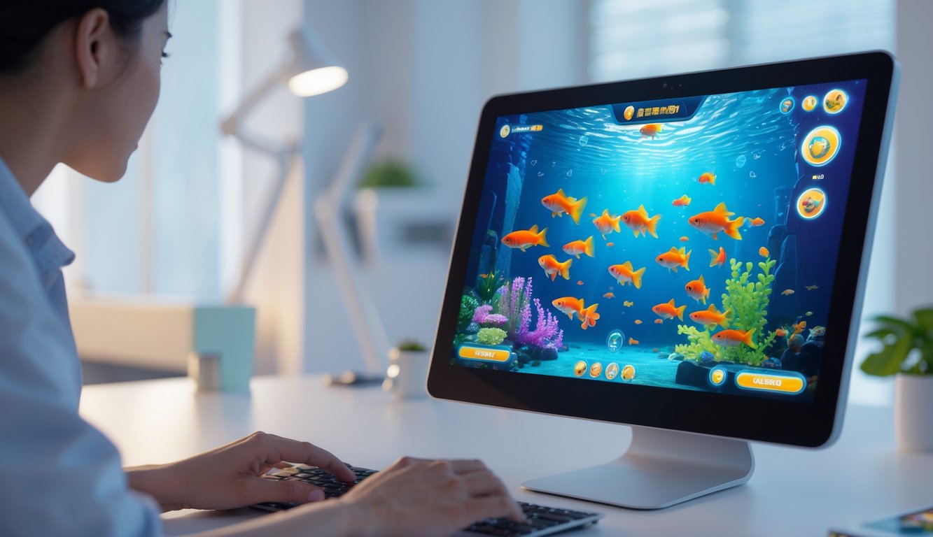 Seseorang menggunakan perangkat digital dengan tampilan permainan memancing ikan mas di layar yang berwarna-warni.