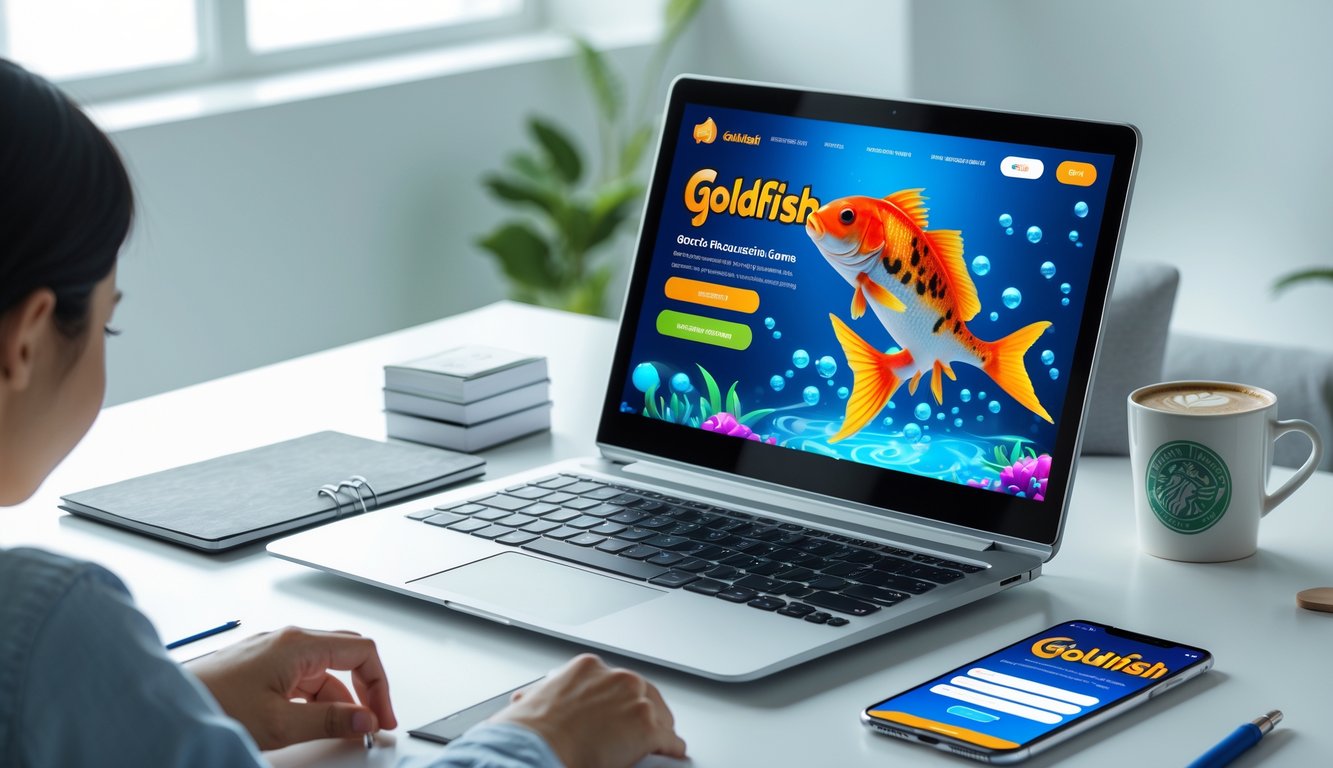 Meja kerja dengan laptop dan ponsel yang menampilkan antarmuka pendaftaran akun untuk permainan tembak ikan Goldfish secara online.