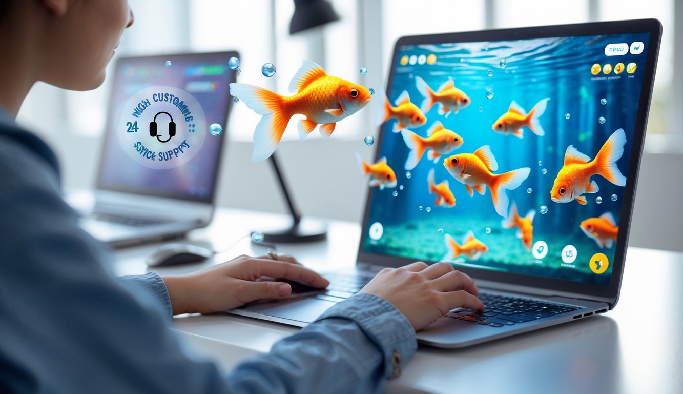 Seseorang bermain permainan tembak ikan goldfish di komputer dengan ikon layanan pelanggan 24 jam terlihat di layar.