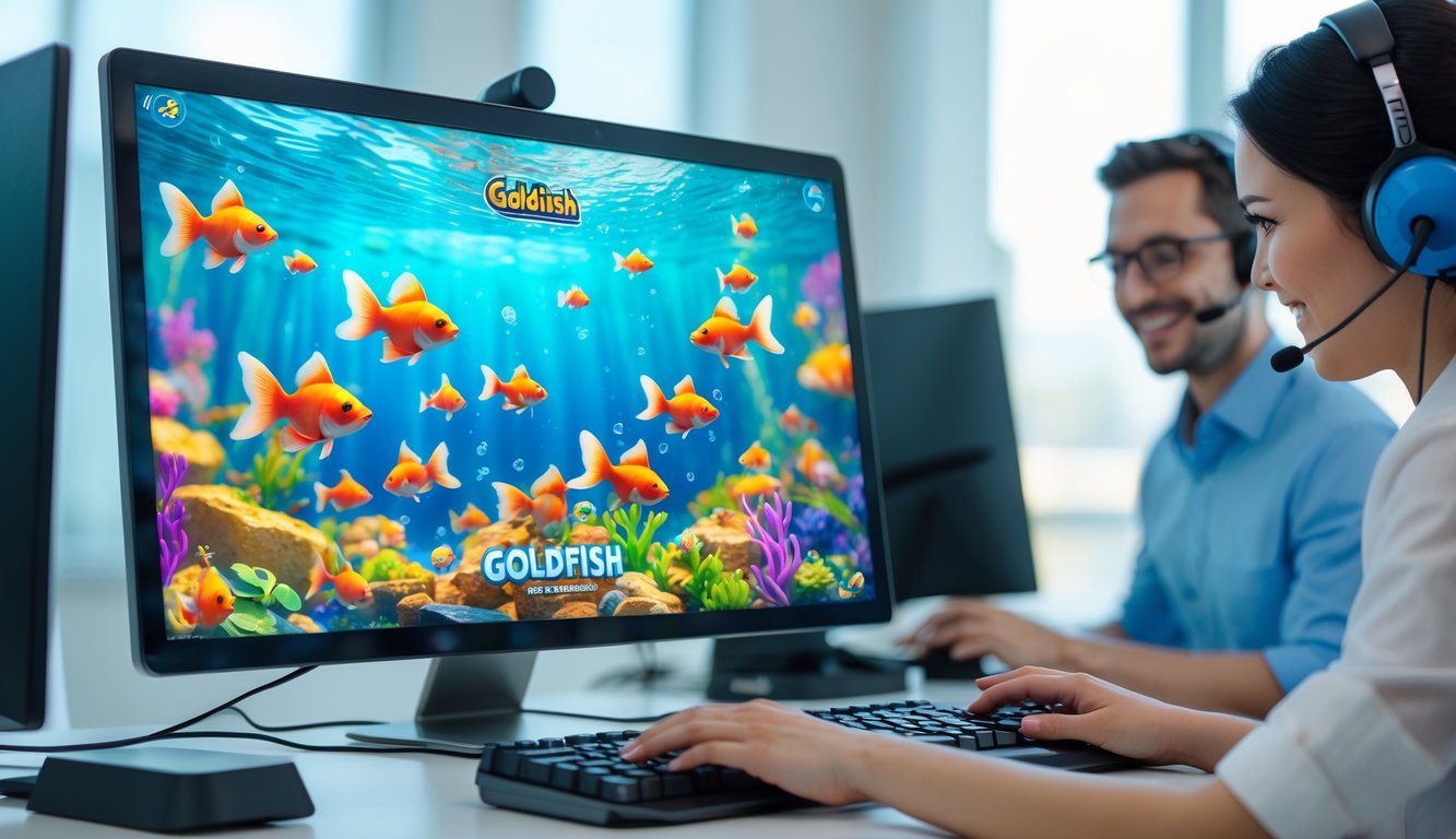 Seorang pemain menggunakan komputer dengan layar menampilkan permainan tembak ikan goldfish, di latar belakang terlihat petugas layanan pelanggan dengan headset siap membantu.