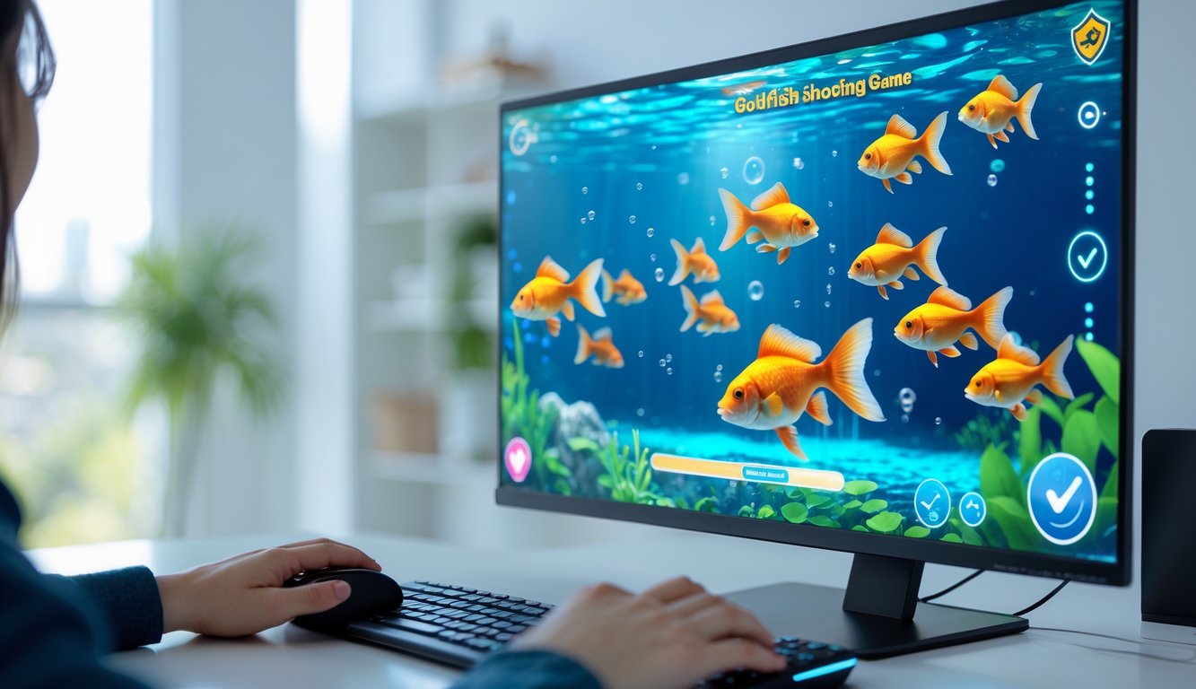 Seseorang bermain permainan tembak ikan goldfish secara online di depan layar komputer dengan latar ruangan bermain yang terang dan rapi.