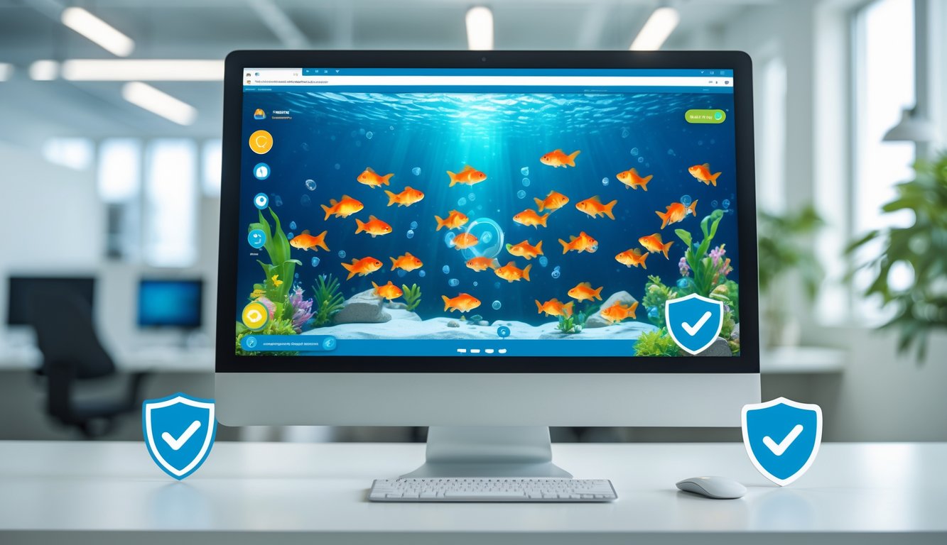 Tampilan layar komputer yang menunjukkan permainan tembak ikan goldfish dengan latar bawah air dan warna-warni ikan yang cerah di lingkungan kantor yang bersih dan terang.