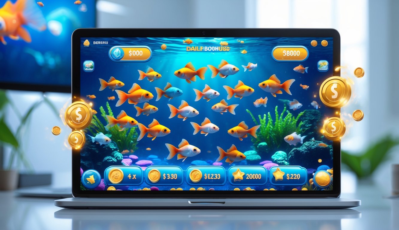 Layar perangkat digital menampilkan permainan tembak ikan goldfish dengan ikan berwarna-warni dan elemen bonus di latar bawah laut.