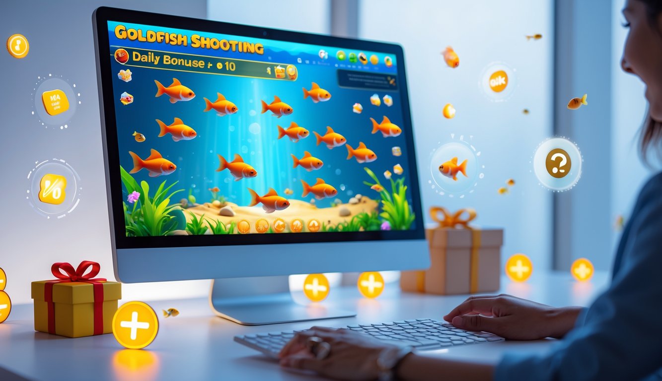 Sebuah komputer dengan layar menampilkan permainan tembak ikan goldfish online dengan ikan berwarna-warni dan ikon bonus di sekitarnya.