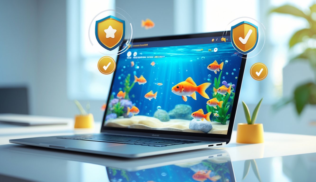 Layar komputer menampilkan permainan ikan emas berwarna cerah dengan latar belakang bawah laut, di meja kerja modern yang rapi.
