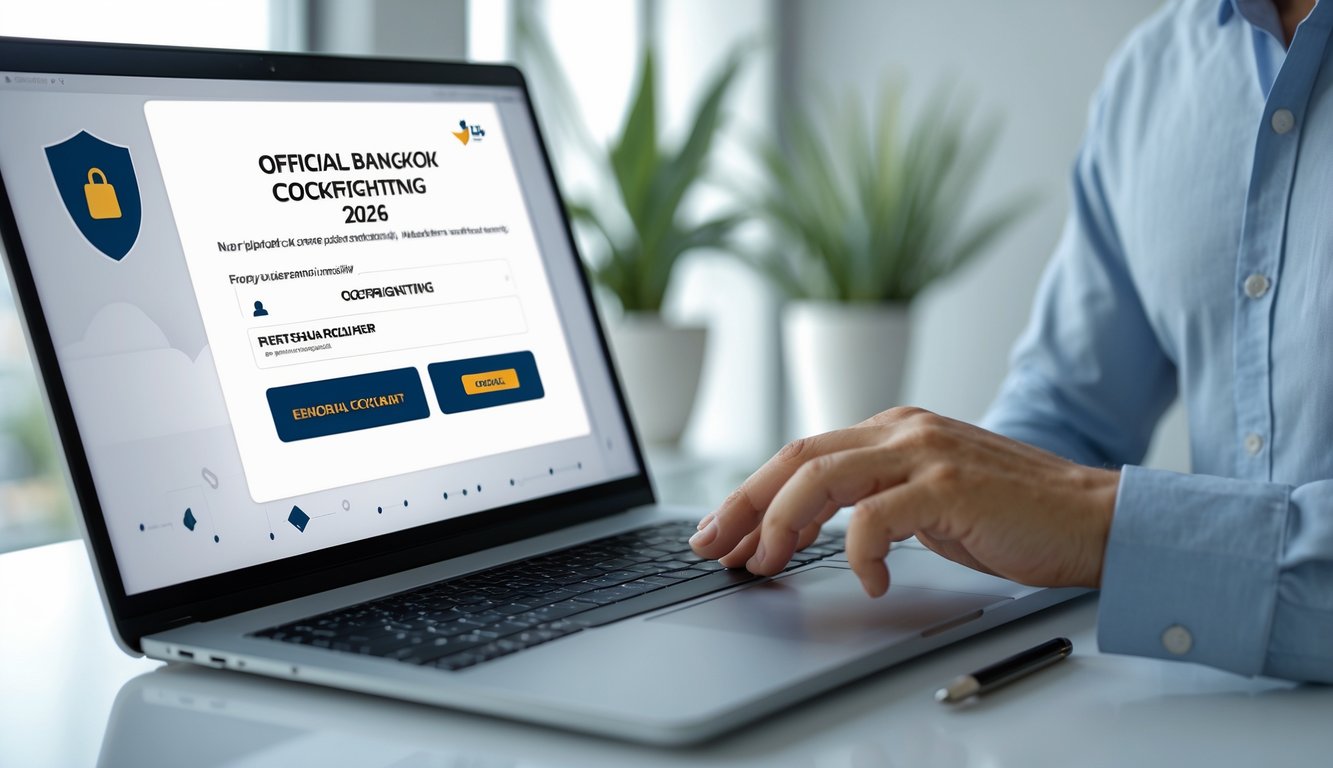 Seseorang menggunakan laptop di meja kerja modern untuk mendaftar secara online dengan suasana yang aman dan cepat.