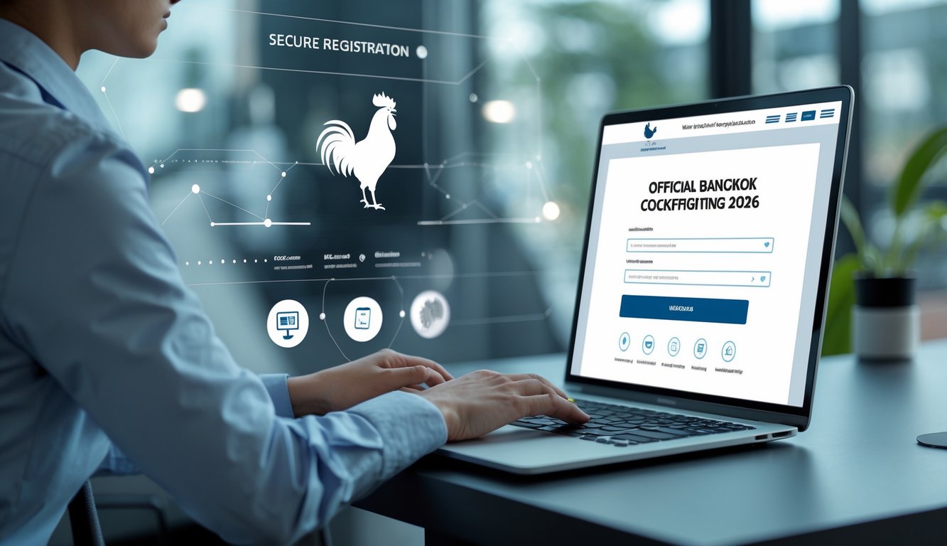 Seseorang sedang menggunakan laptop untuk mendaftar sabung ayam Bangkok secara online di sebuah ruang kerja yang rapi dan terang.