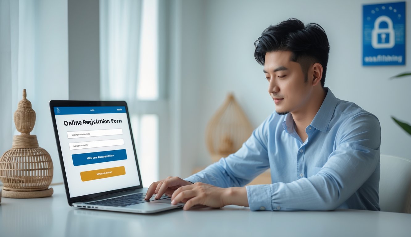 Seorang pria muda duduk di meja dengan laptop, sedang mengisi formulir pendaftaran online dalam suasana yang rapi dan terang.