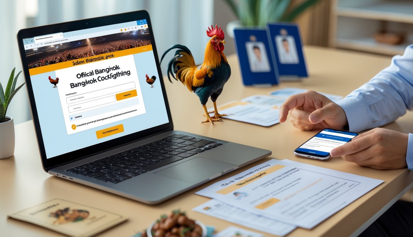 Seseorang sedang menggunakan laptop dan ponsel untuk mendaftar secara online dengan latar meja kerja yang rapi dan patung ayam bangkok kecil di atas meja.