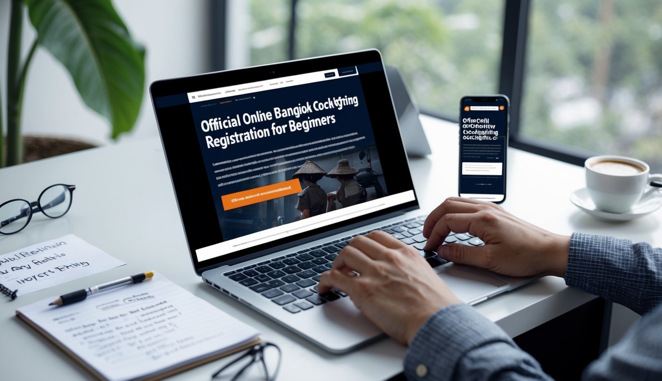 Meja kerja dengan laptop dan ponsel yang menampilkan situs pendaftaran sabung ayam Bangkok online, tangan seseorang sedang mengetik, dengan secangkir kopi dan kacamata di meja.