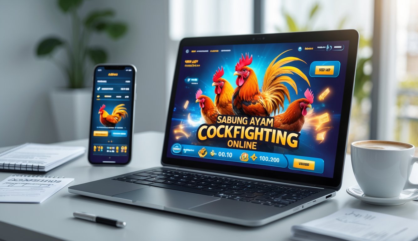 Seorang pengguna sedang melihat layar laptop dengan gambar ayam bangkok bertarung dan perangkat digital di atas meja yang rapi.